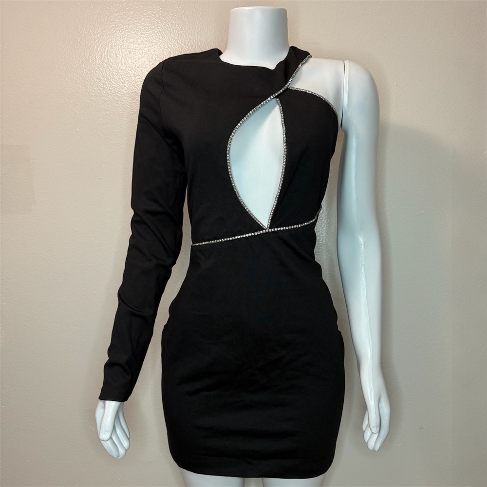 Black one shoulder cutout mini dress with rhinestone details